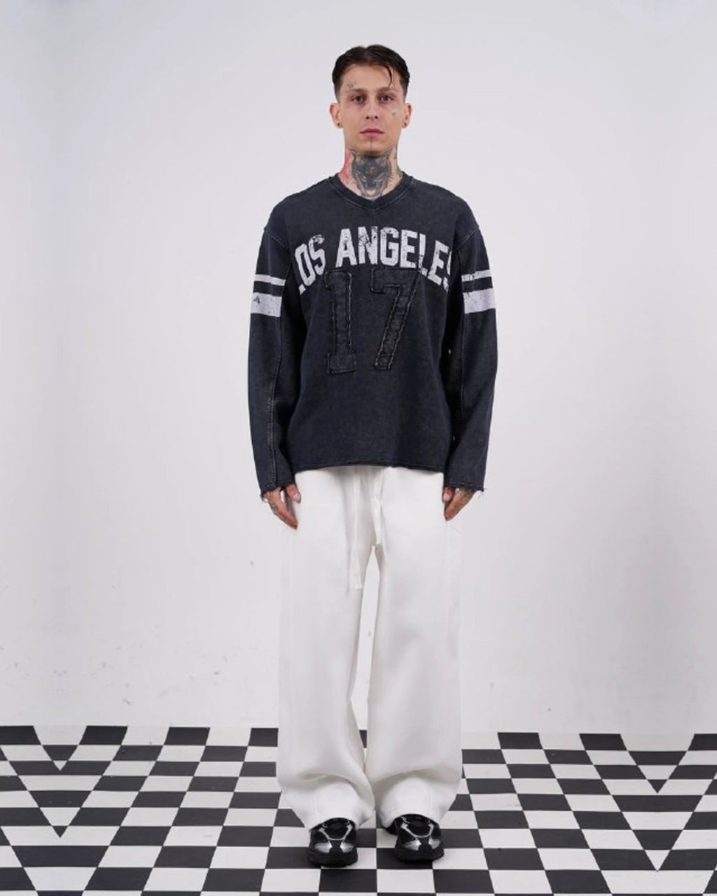 Los Angeles 17 oversized vintage football jersey sweatshirt in washed black, full-length front view