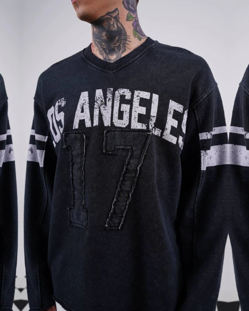 Los Angeles 17 oversized vintage football jersey sweatshirt in washed black, front print detail close-up