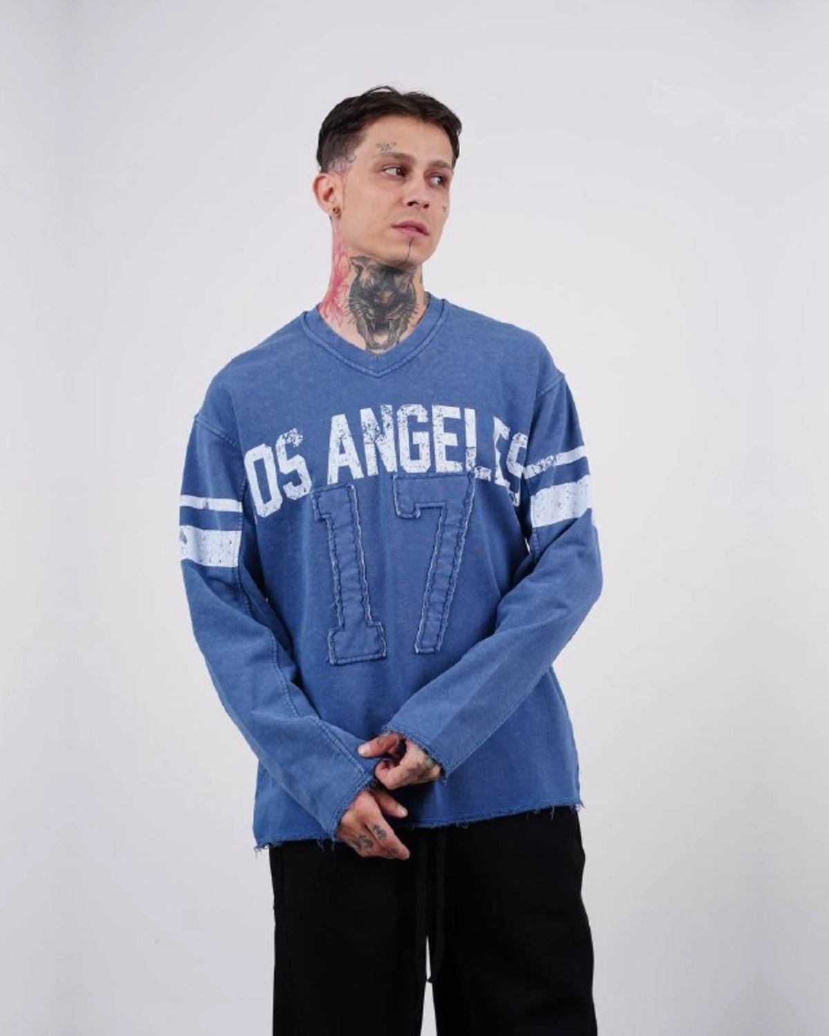 Los Angeles 17 oversized vintage football jersey sweatshirt in washed blue, front, three-quarter view