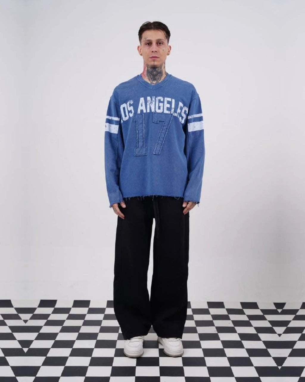 Los Angeles 17 oversized vintage football jersey sweatshirt in washed blue, full-length front view
