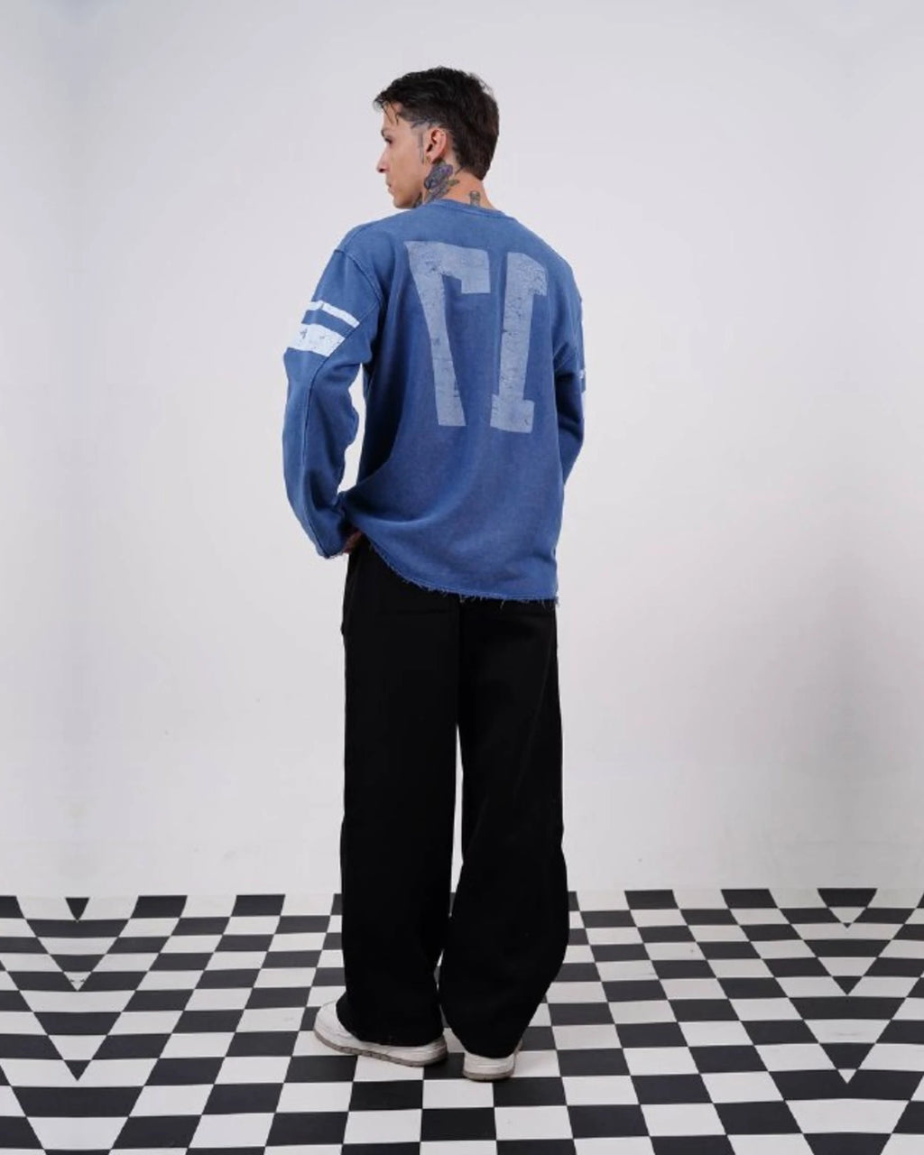 Los Angeles 17 oversized vintage football jersey sweatshirt in washed blue, full-length front view, hands in pockets