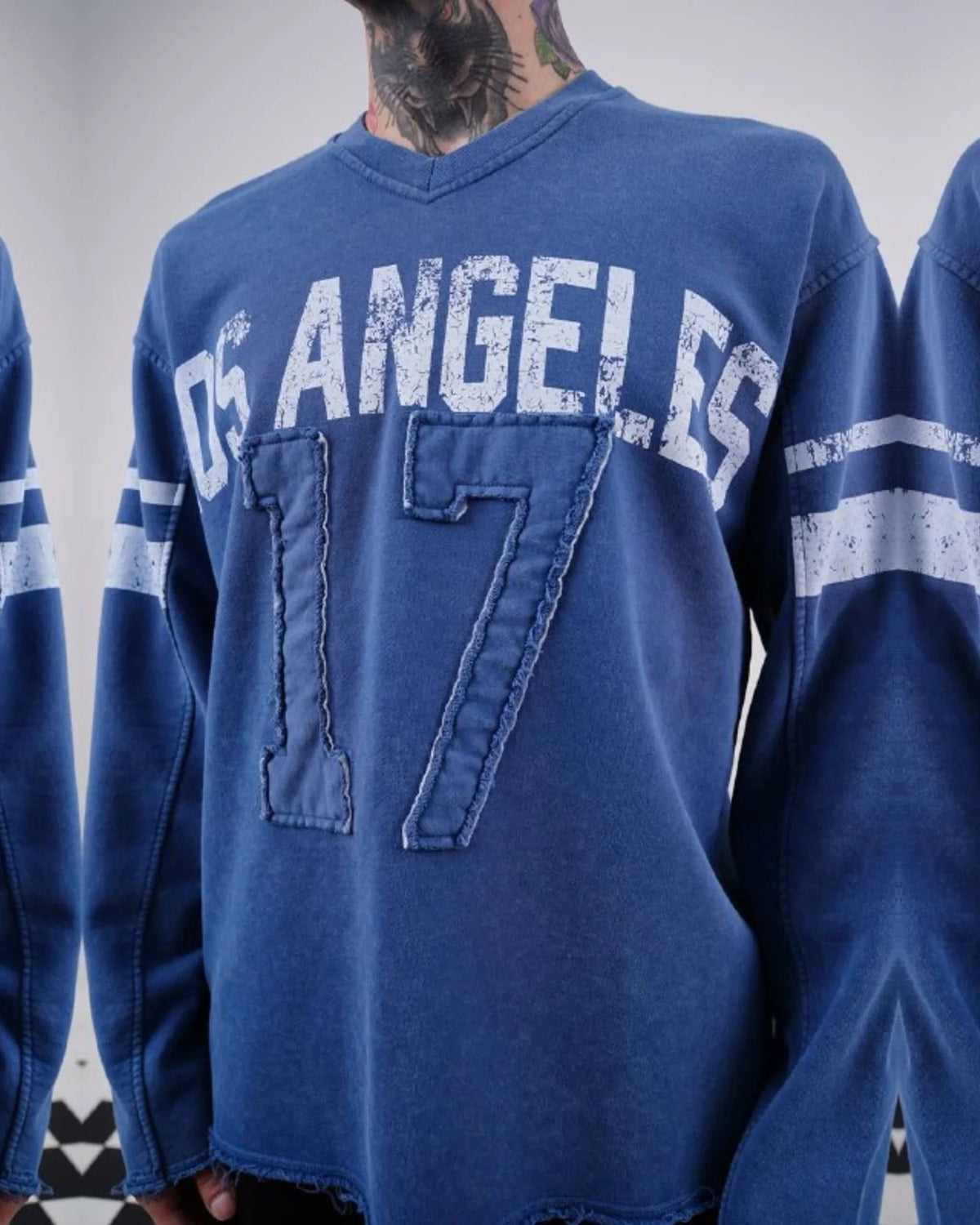 Los Angeles 17 oversized vintage football jersey sweatshirt in washed blue, front print detail close-up