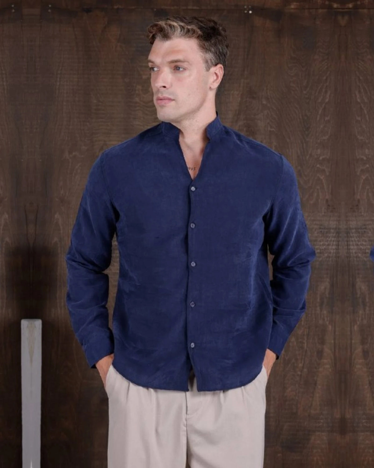 Lyocell Band Collar Shirt in blue, photo 1