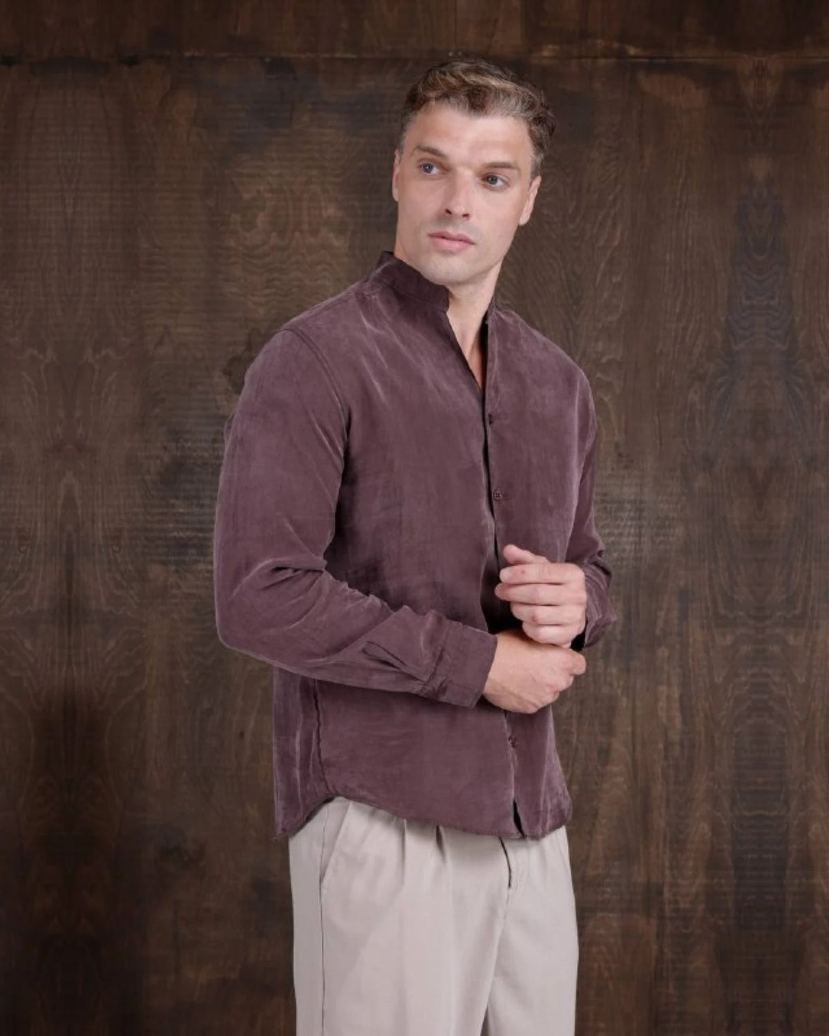Lyocell Band Collar Shirt in plum, photo 1