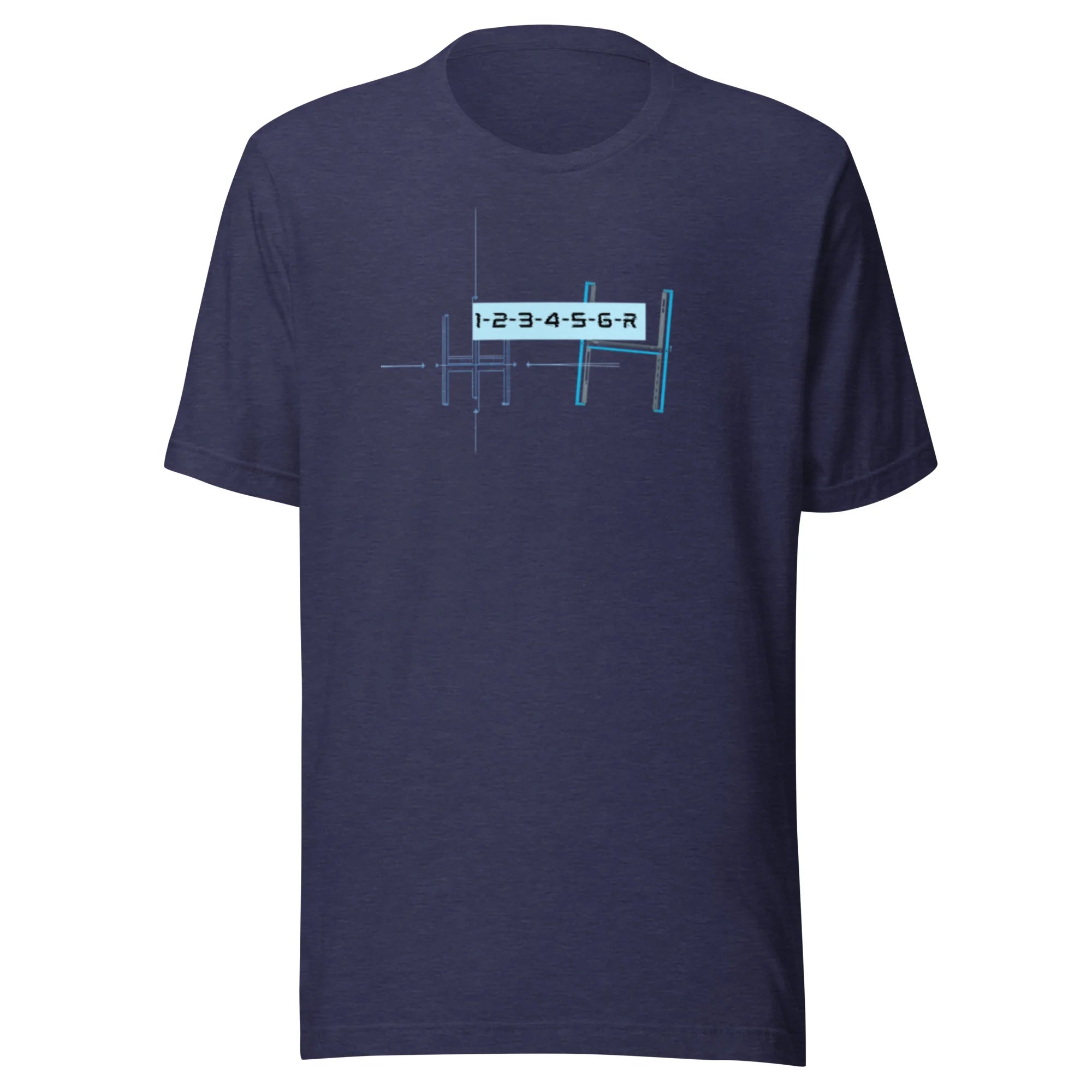 Flat lay of a navy blue 6-speed manual transmission blueprint stick shift car enthusiast graphic t-shirt
