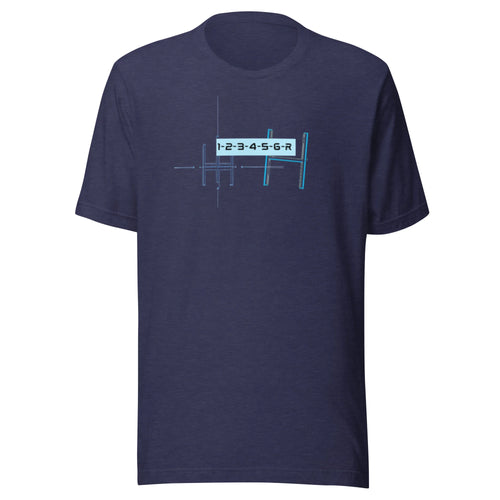 Flat lay of a navy blue 6-speed manual transmission blueprint stick shift car enthusiast graphic t-shirt