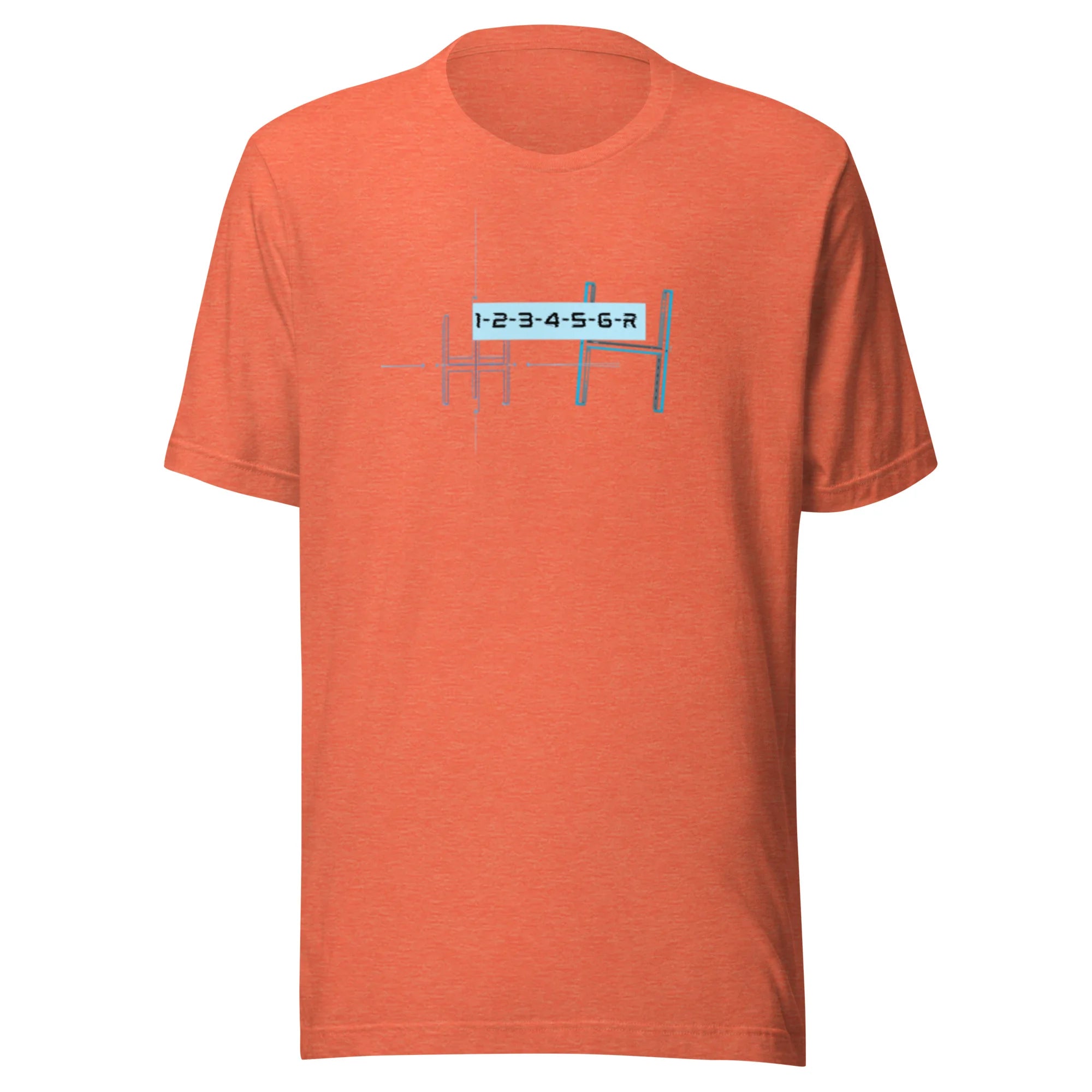 Flat lay of a heather orange 6-speed manual transmission blueprint stick shift car enthusiast graphic t-shirt