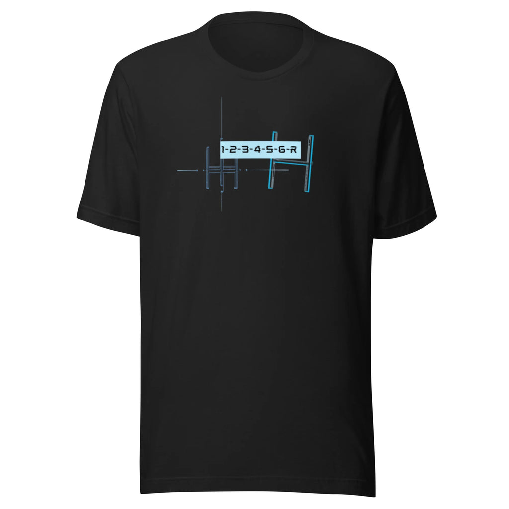 Flat lay of a vintage black 6-speed manual transmission blueprint stick shift car enthusiast graphic t-shirt
