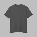 Front view of men's faded black heavyweight garment-dyed t-shirt with small red amor text print on chest