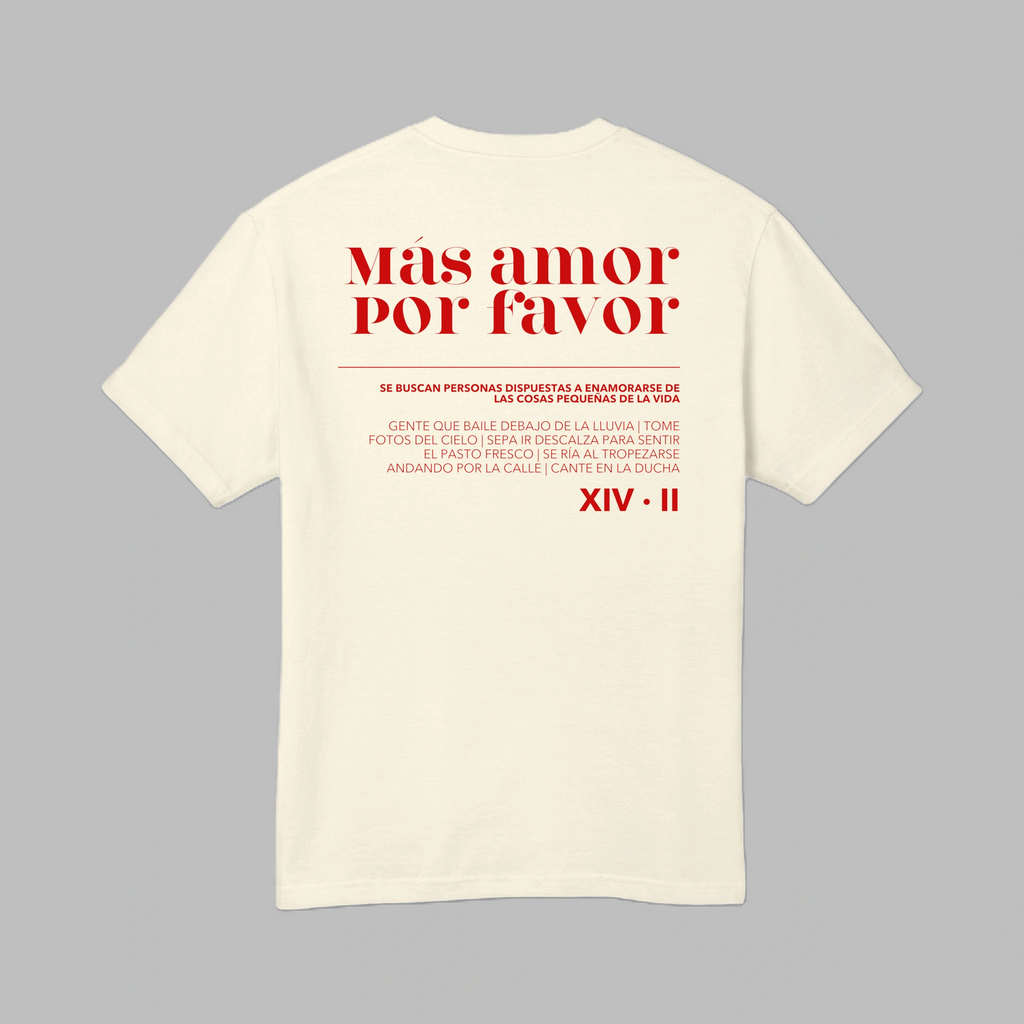 Back view of men's faded cream heavyweight cotton t-shirt featuring red Spanish typography print Mas Amor Por Favor