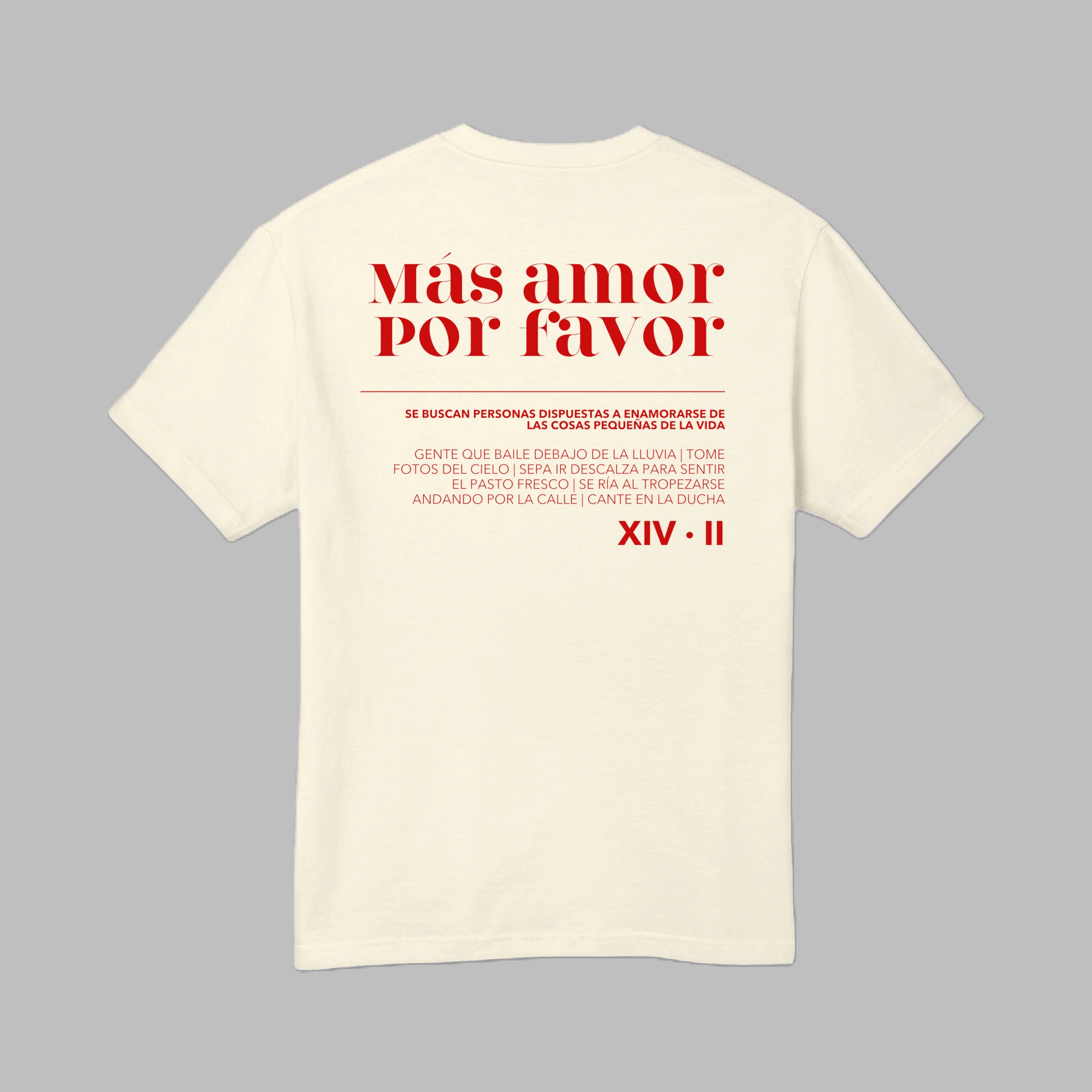 Back view of men's faded cream heavyweight cotton t-shirt featuring red Spanish typography print Mas Amor Por Favor