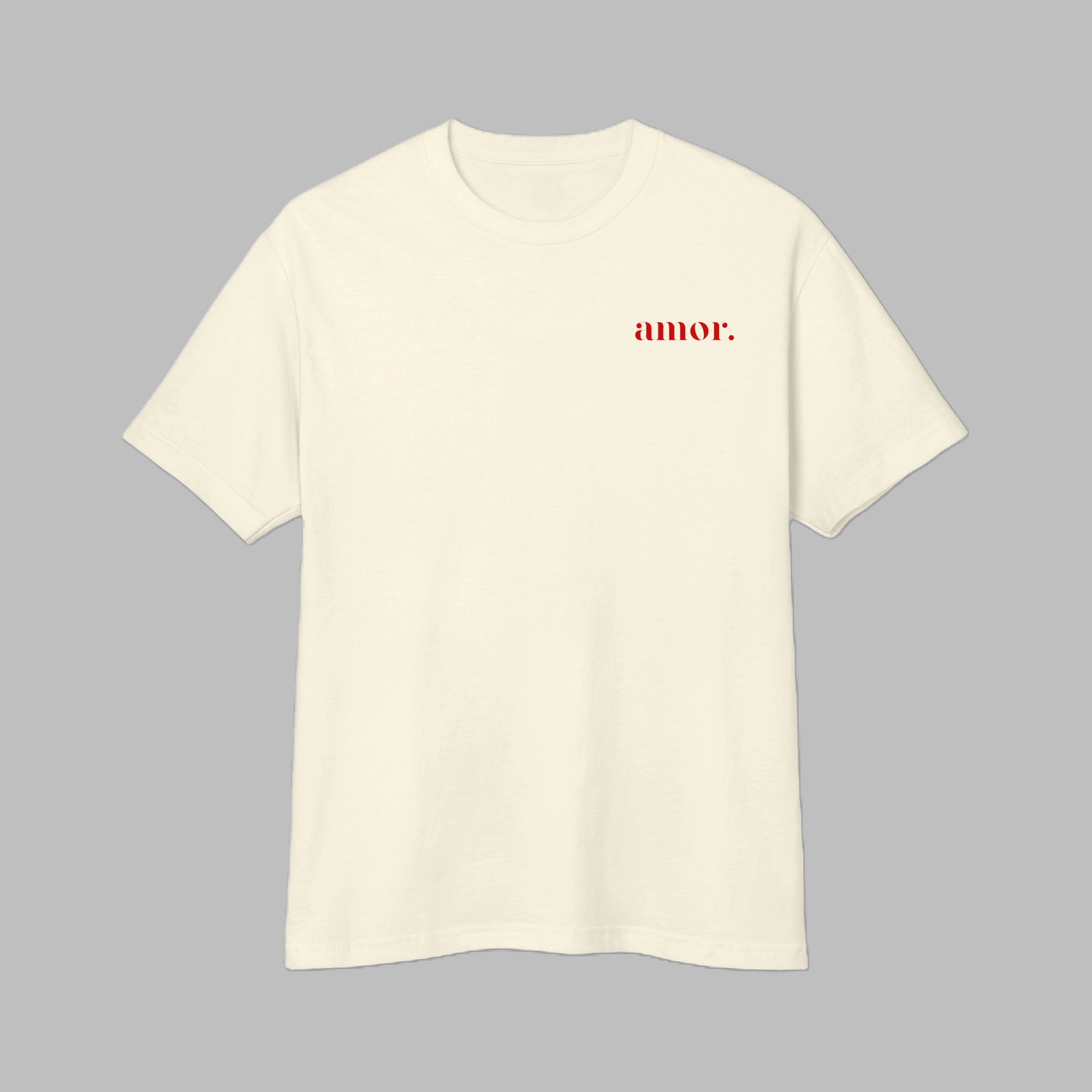 Front view of men's faded cream heavyweight garment-dyed t-shirt with small red amor text print on chest