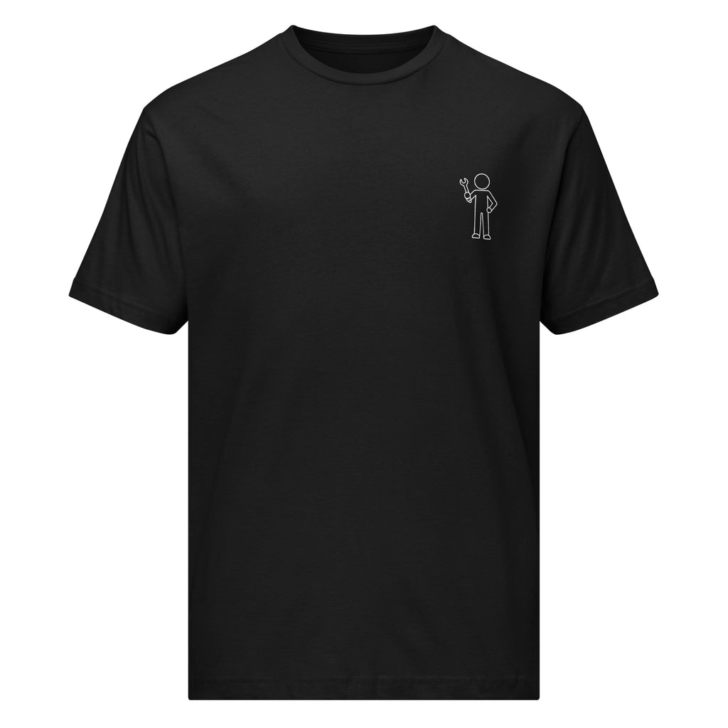 Front view of a black car enthusiast t-shirt featuring a small white mechanic holding a wrench graphic on the left chest.