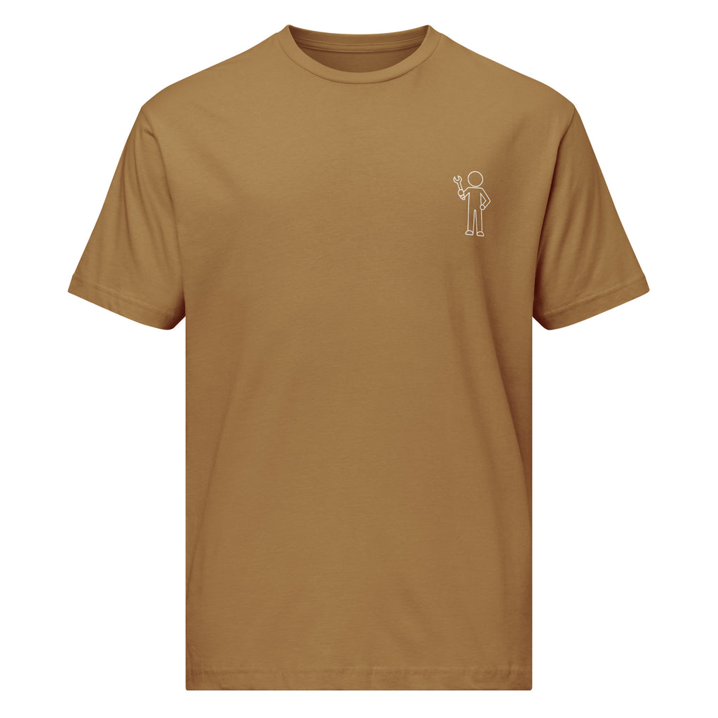 Front view of a coyote brown car enthusiast t-shirt featuring a small white mechanic holding a wrench graphic on the left chest.