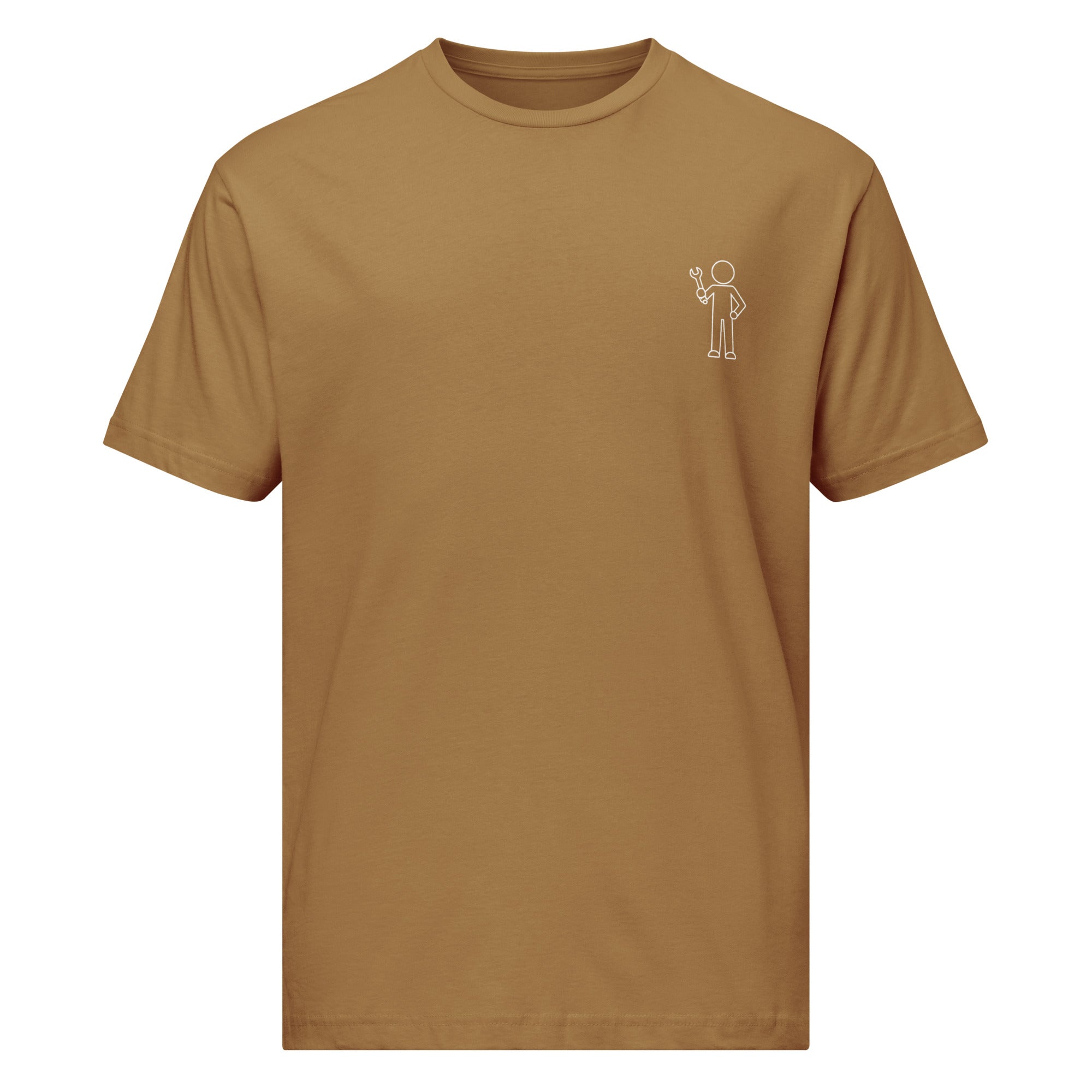 Front view of a coyote brown car enthusiast t-shirt featuring a small white mechanic holding a wrench graphic on the left chest.