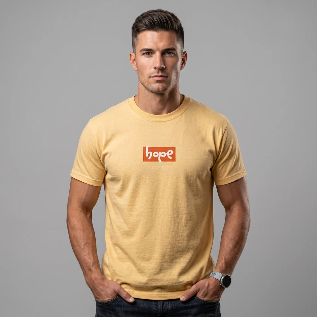 Front view of a male model wearing a pastel yellow crewneck t-shirt with an orange 'hope' box logo on the chest.