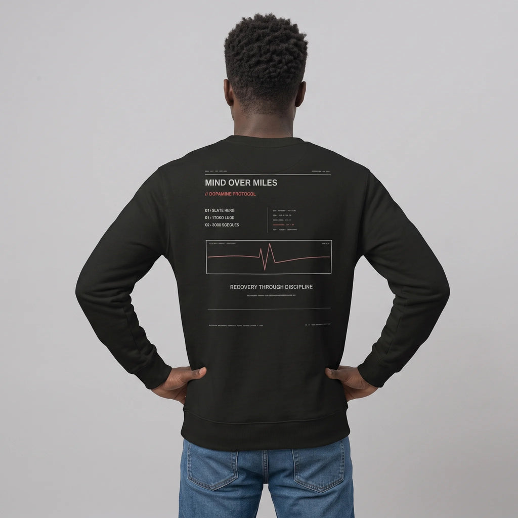 Back view of a male model standing with hands on hips against a grey studio background, wearing a black crewneck sweatshirt featuring the 'MIND OVER MILES / DOPAMINE PROTOCOL' graphic print with an EKG line, paired with blue jeans.