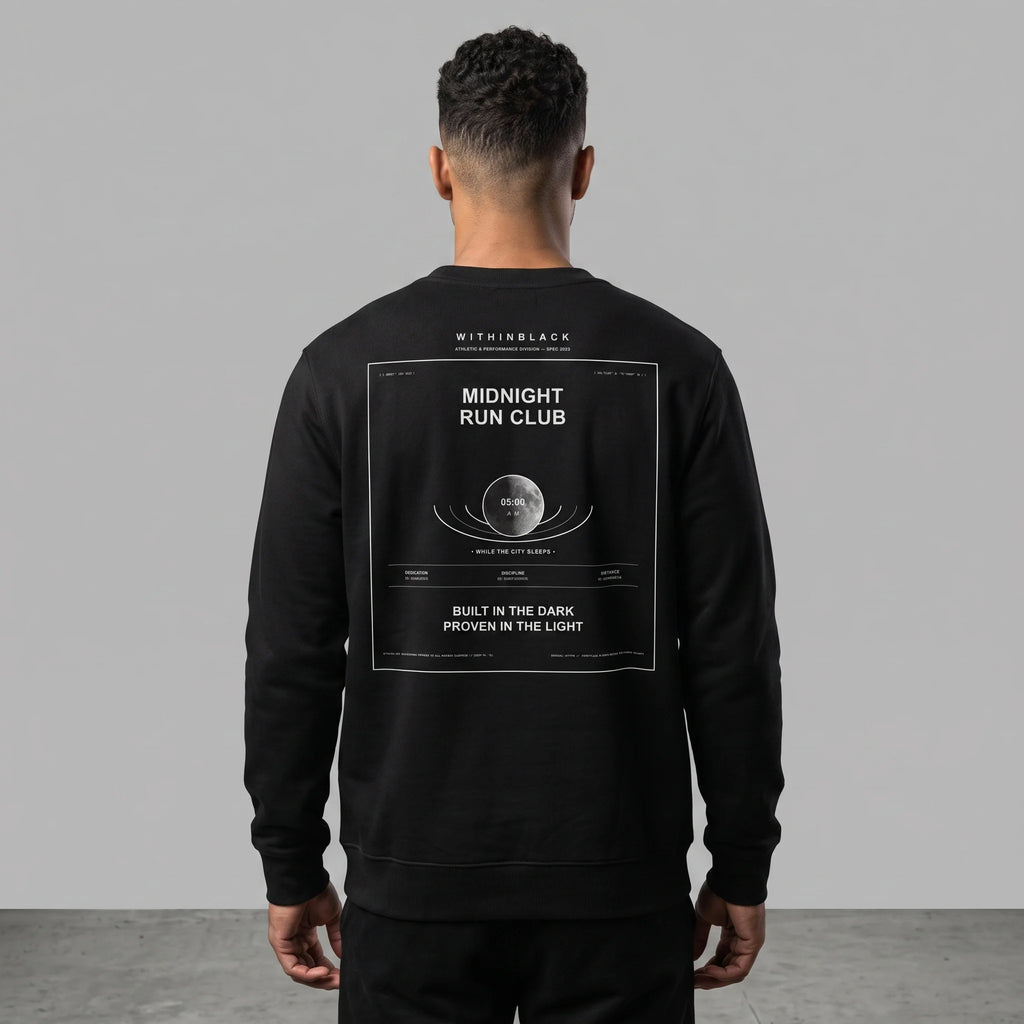 Back view of a male model with a fade haircut standing against a grey background, wearing a black crewneck sweatshirt and dark trousers. The back features a large framed graphic with 'MIDNIGHT RUN CLUB', a moon illustration, and 'BUILT IN THE DARK PROVEN IN THE LIGHT'.