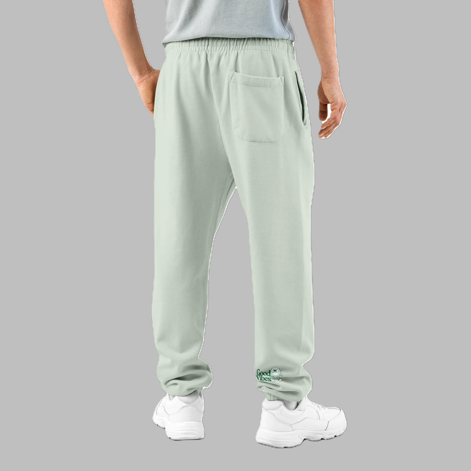 Model Wearing Good Vibes Pistachio Fleece Sweatpants Back View - Withinblack