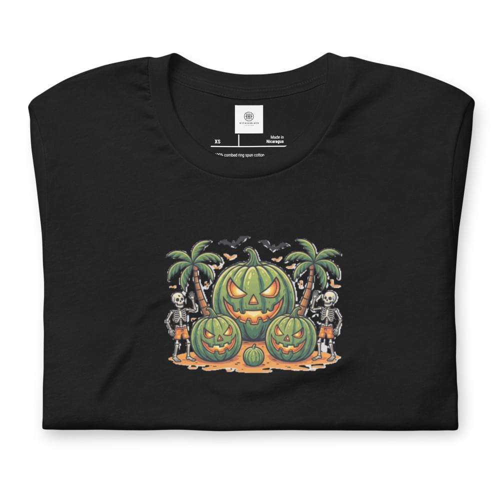 A neatly folded black men's Summerween graphic t-shirt laid flat on a white background, displaying the tropical watermelon jack-o'-lantern and skeletons design and inner neck label.