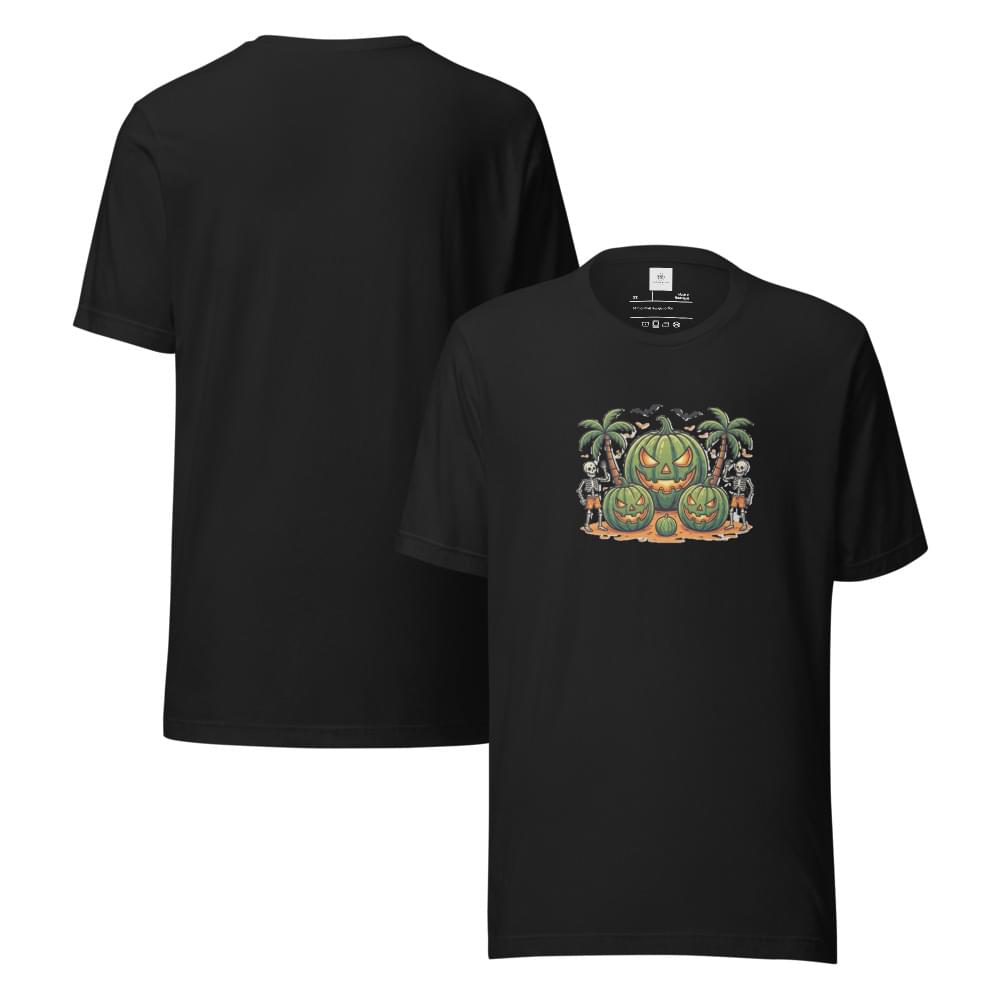 Front and back product view of a black men's Summerween graphic t-shirt on a white background. The front features a tropical watermelon jack-o'-lantern and skeletons design, while the back displays the plain black fit.