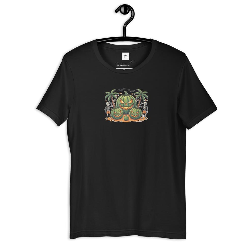 Black men's Summerween graphic t-shirt displayed on a hanger against a white background, featuring a tropical watermelon jack-o'-lantern and beach skeletons design.