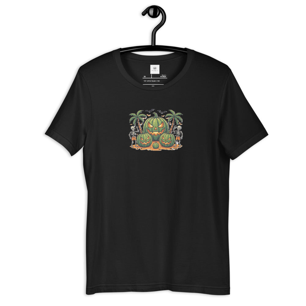 Black men's Summerween graphic t-shirt displayed on a hanger against a white background, featuring a tropical watermelon jack-o'-lantern and beach skeletons design.