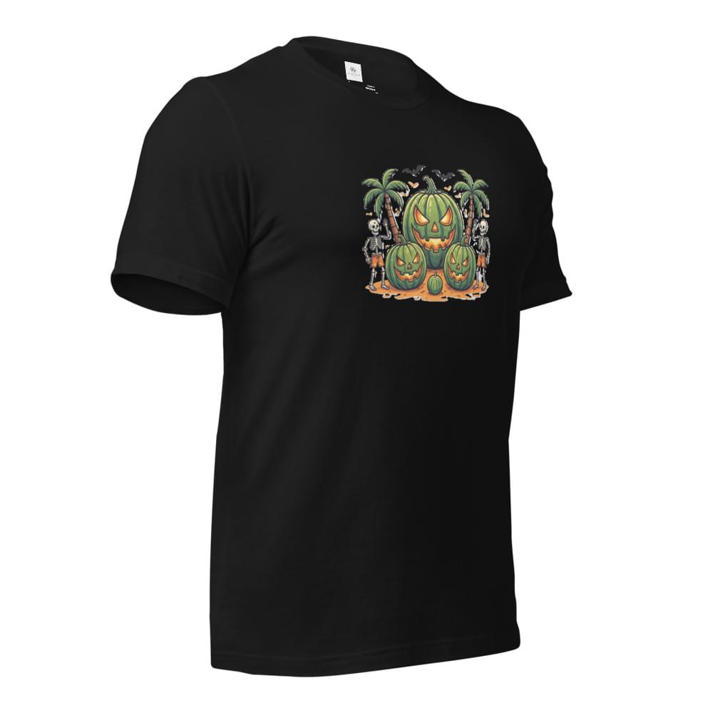 Angled product shot of a black men's Summerween graphic t-shirt featuring a tropical watermelon jack-o'-lantern and beach skeletons design on a white background.