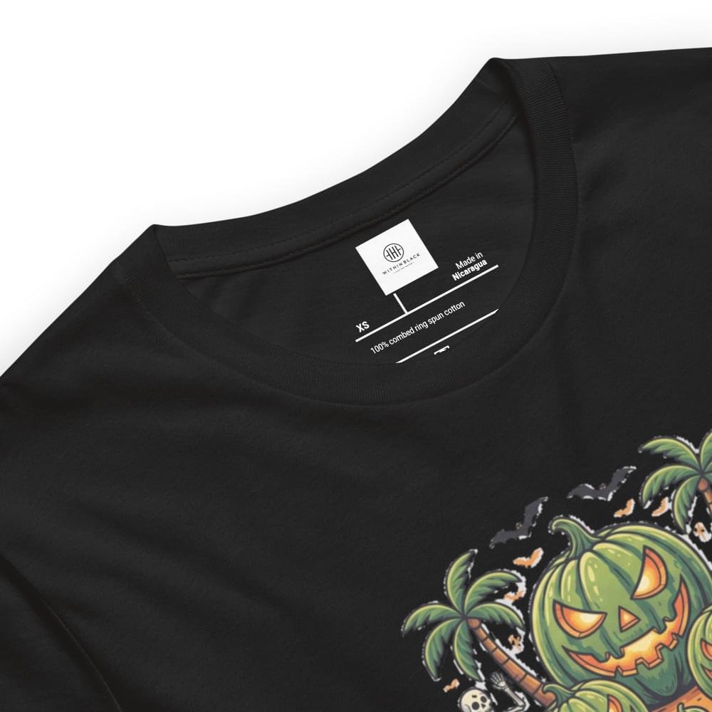 Close-up of the inner neck label and ribbed collar on a black men's Summerween t-shirt, showing the 100% combed ring-spun cotton fabric details and a partial view of the tropical watermelon pumpkin graphic.