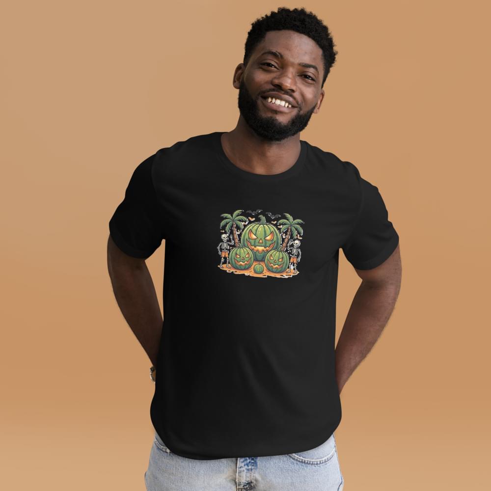 Smiling male model wearing a black men's Summerween t-shirt featuring a spooky watermelon jack-o'-lantern and beach skeletons.