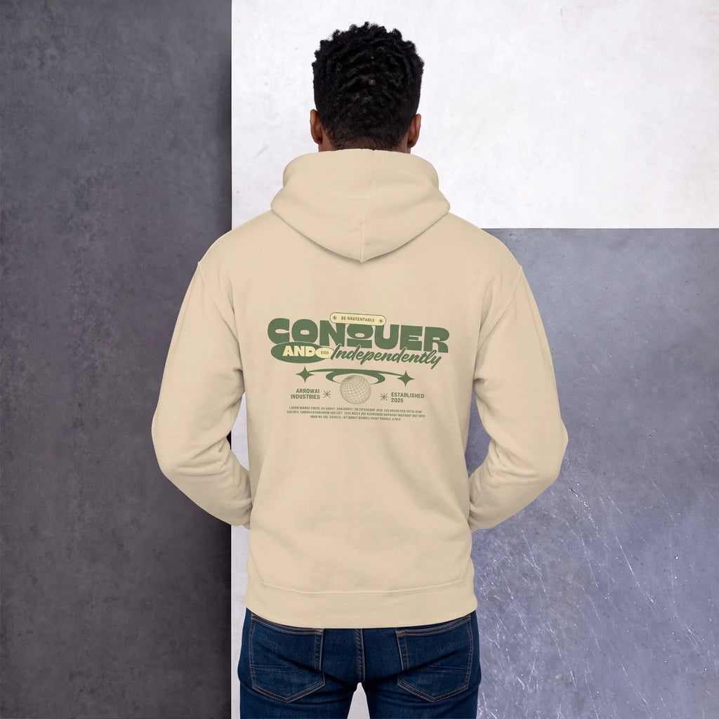 Back view of a men's sand beige vintage-style hoodie with a green graphic print featuring the words 'CONQUER AND INDEPENDENTLY'