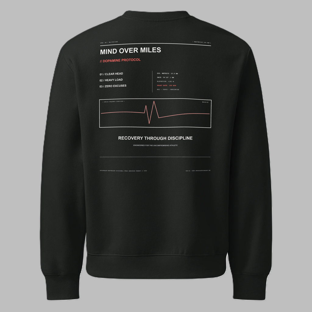 Back flat lay view of a black crewneck sweatshirt against a grey background, featuring technical graphic text reading 'MIND OVER MILES', '// DOPAMINE PROTOCOL', a pink heart rate / EKG line graphic in a box, and 'RECOVERY THROUGH DISCIPLINE'.