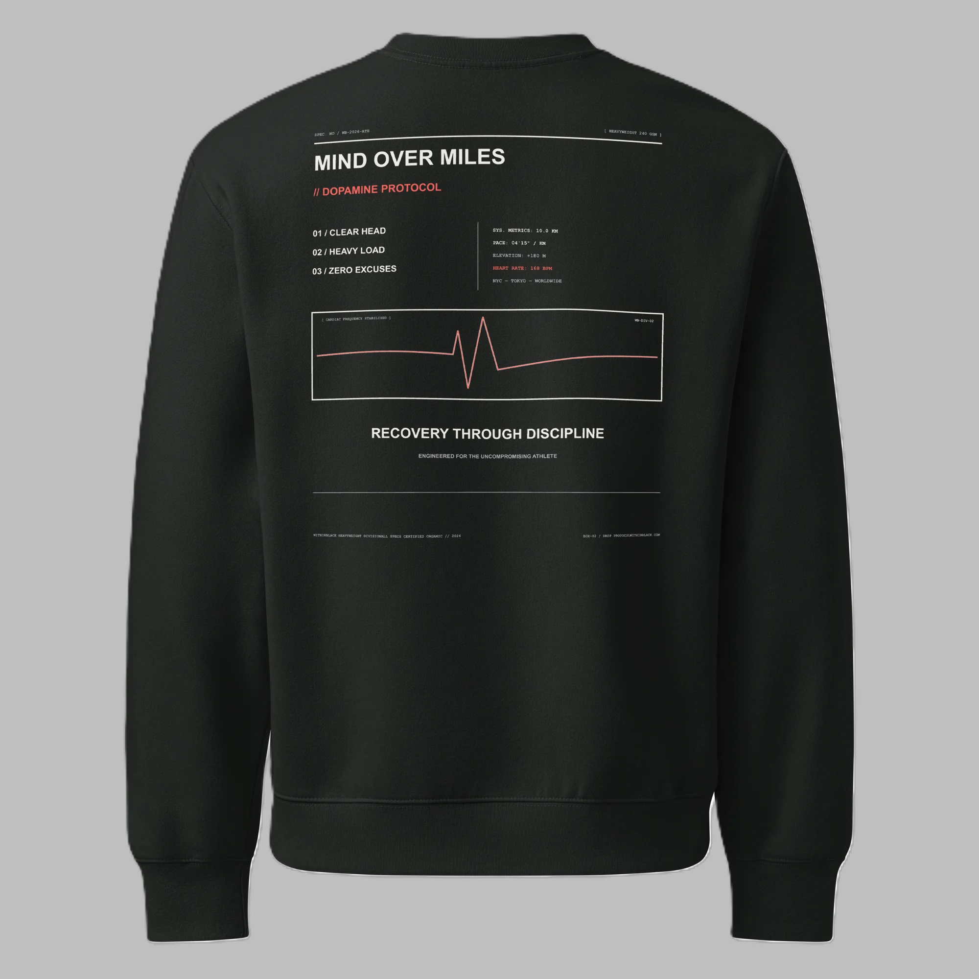 Back flat lay view of a black crewneck sweatshirt against a grey background, featuring technical graphic text reading 'MIND OVER MILES', '// DOPAMINE PROTOCOL', a pink heart rate / EKG line graphic in a box, and 'RECOVERY THROUGH DISCIPLINE'.