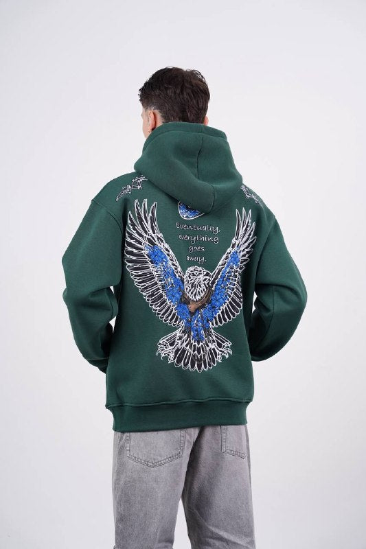 Blue Eagle Wings Graphic Oversized Hoodie in Green - back view