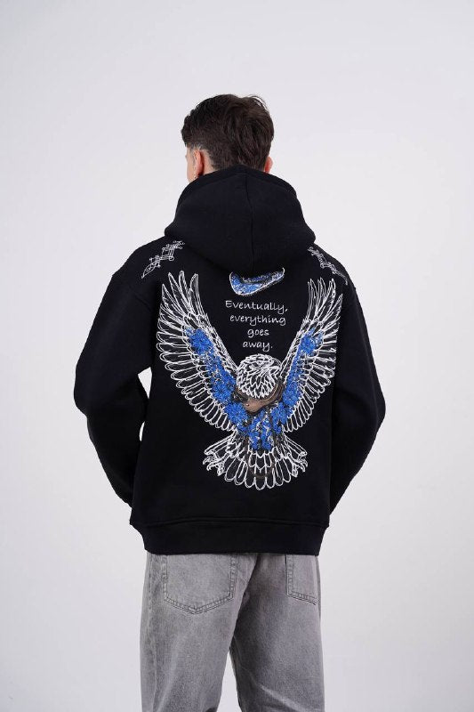 Blue Eagle Wings Graphic Oversized Hoodie in Black - back view
