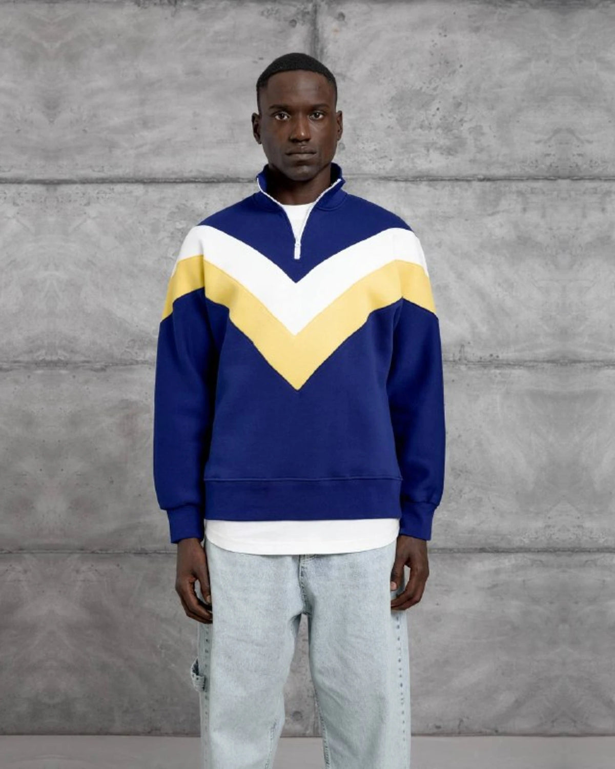 Brushed Chevron Half-Zip Sweatshirt in Navy by Withinblack