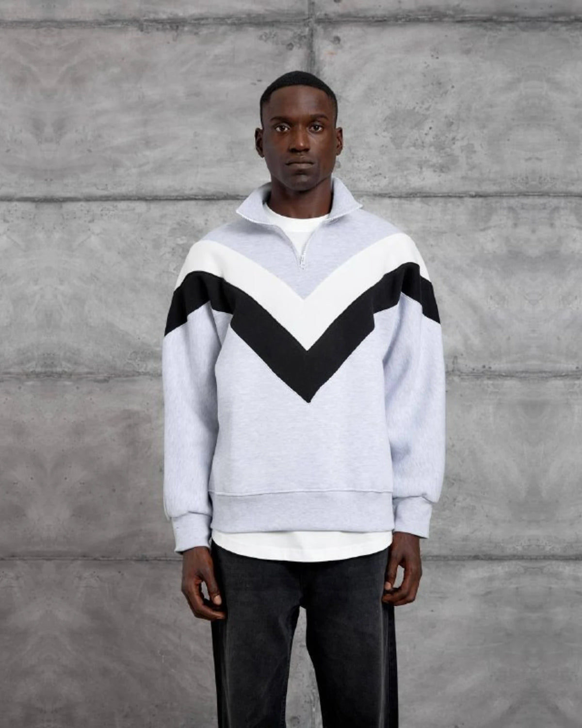 Brushed Chevron Half-Zip Sweatshirt in White by Withinblack
