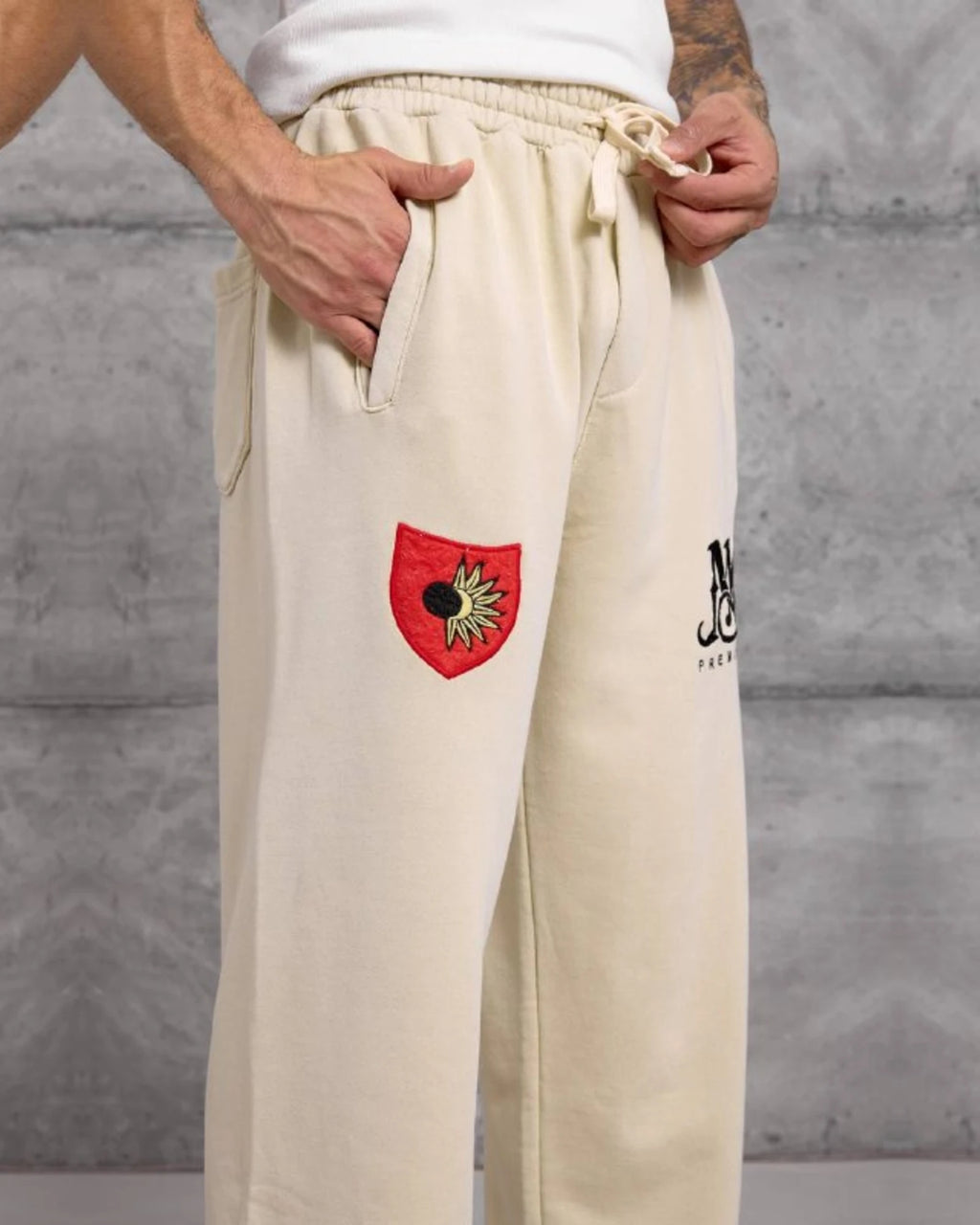 Emblem Patch Cotton Sweatpants in Beige by Withinblack - view 2