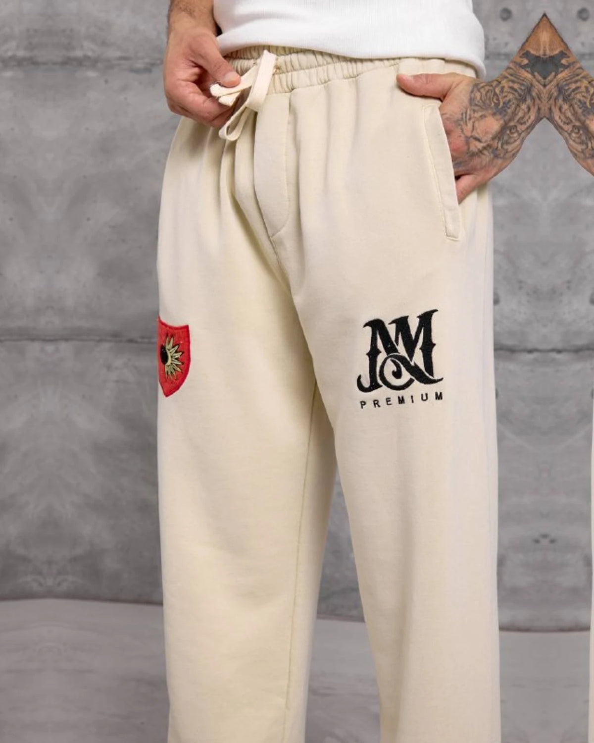 Emblem Patch Cotton Sweatpants in Beige by Withinblack - view 4