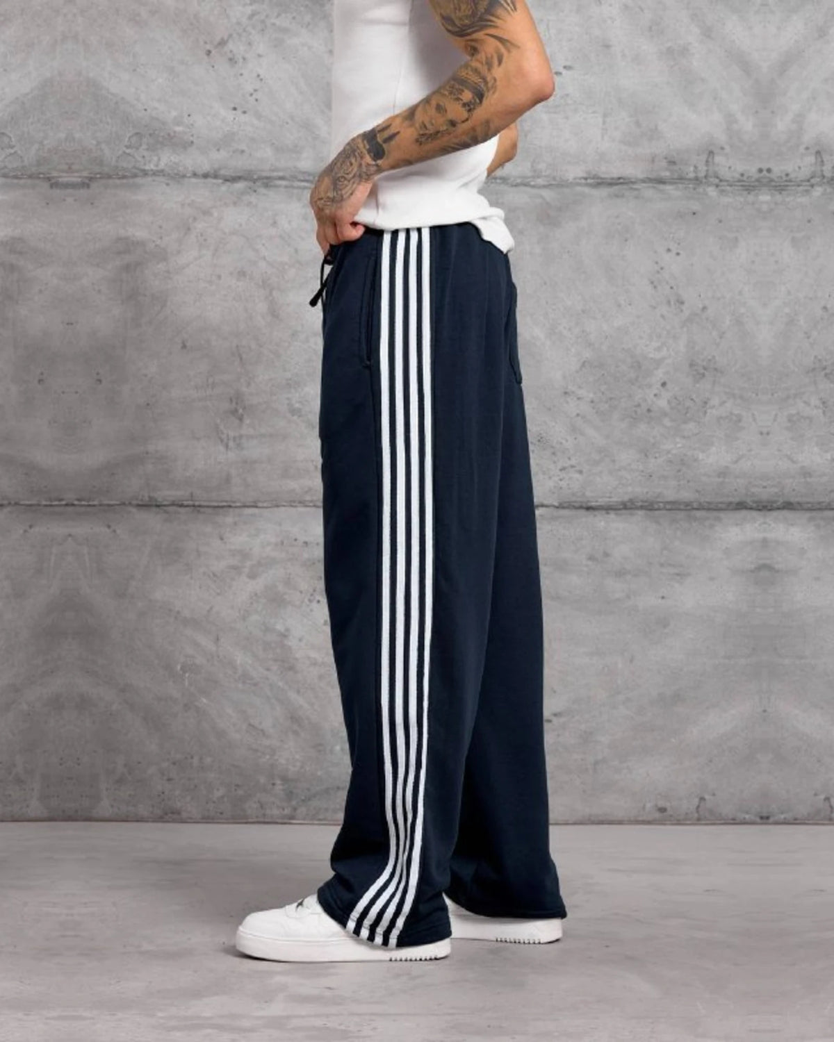 Side Stripe Patch Cotton Sweatpants in Navy by Withinblack - view 3
