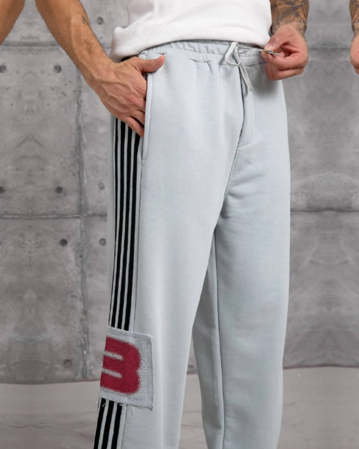 Side Stripe Patch Cotton Sweatpants in Light Gray by Withinblack - view 2