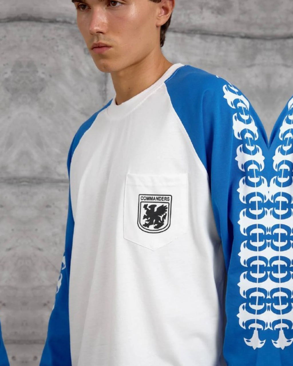 Gothic Sleeve Crest Pocket Raglan Sweatshirt in Royal Blue by Withinblack - view 2