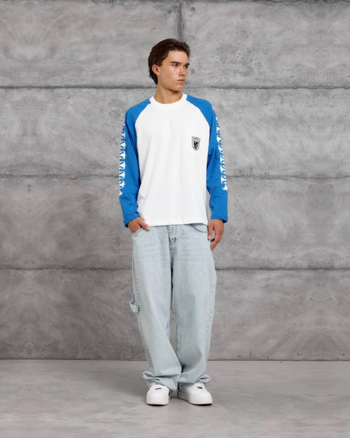 Gothic Sleeve Crest Pocket Raglan Sweatshirt in Royal Blue by Withinblack - view 3