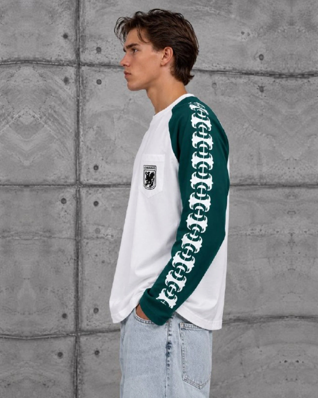 Gothic Sleeve Crest Pocket Raglan Sweatshirt in Green by Withinblack - view 2
