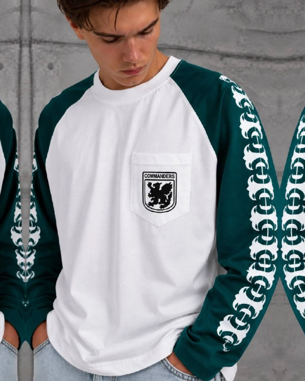 Gothic Sleeve Crest Pocket Raglan Sweatshirt in Green by Withinblack - view 3