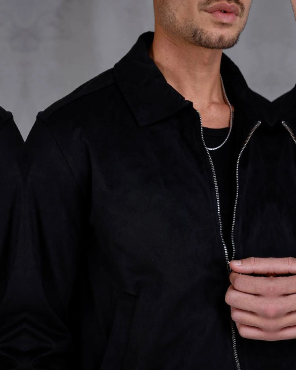 Faux Nubuck Shirt Collar Zip Jacket in black, photo 2