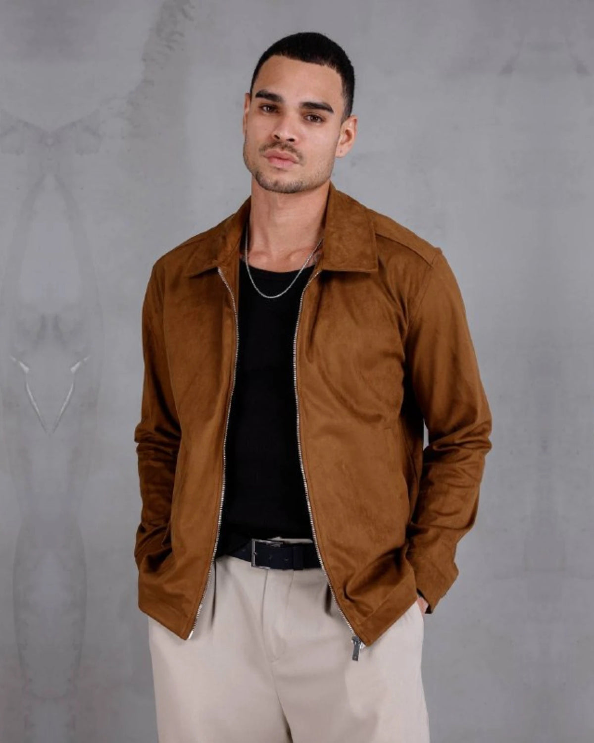Faux Nubuck Shirt Collar Zip Jacket in camel, photo 1