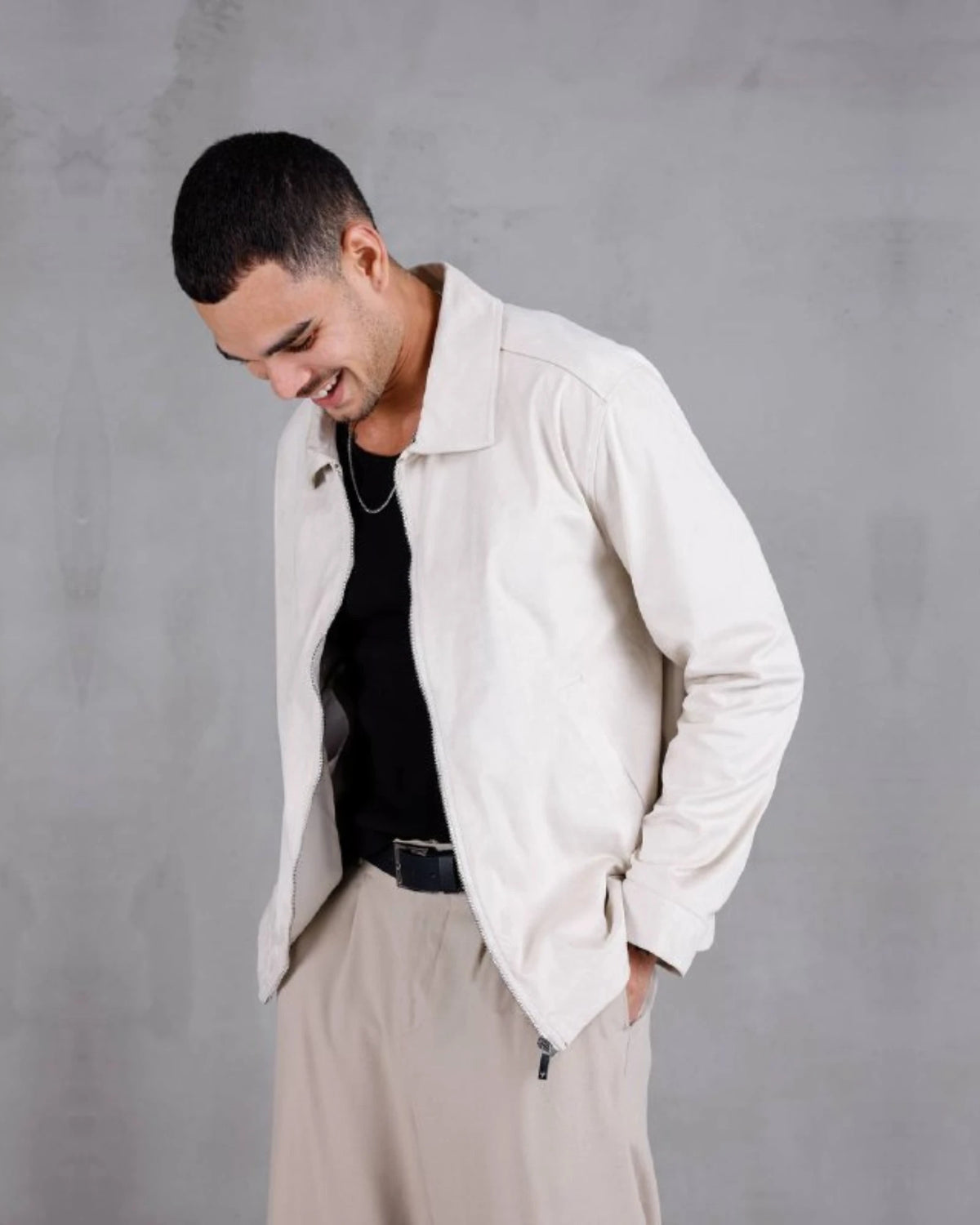 Faux Nubuck Shirt Collar Zip Jacket in ecru, photo 1
