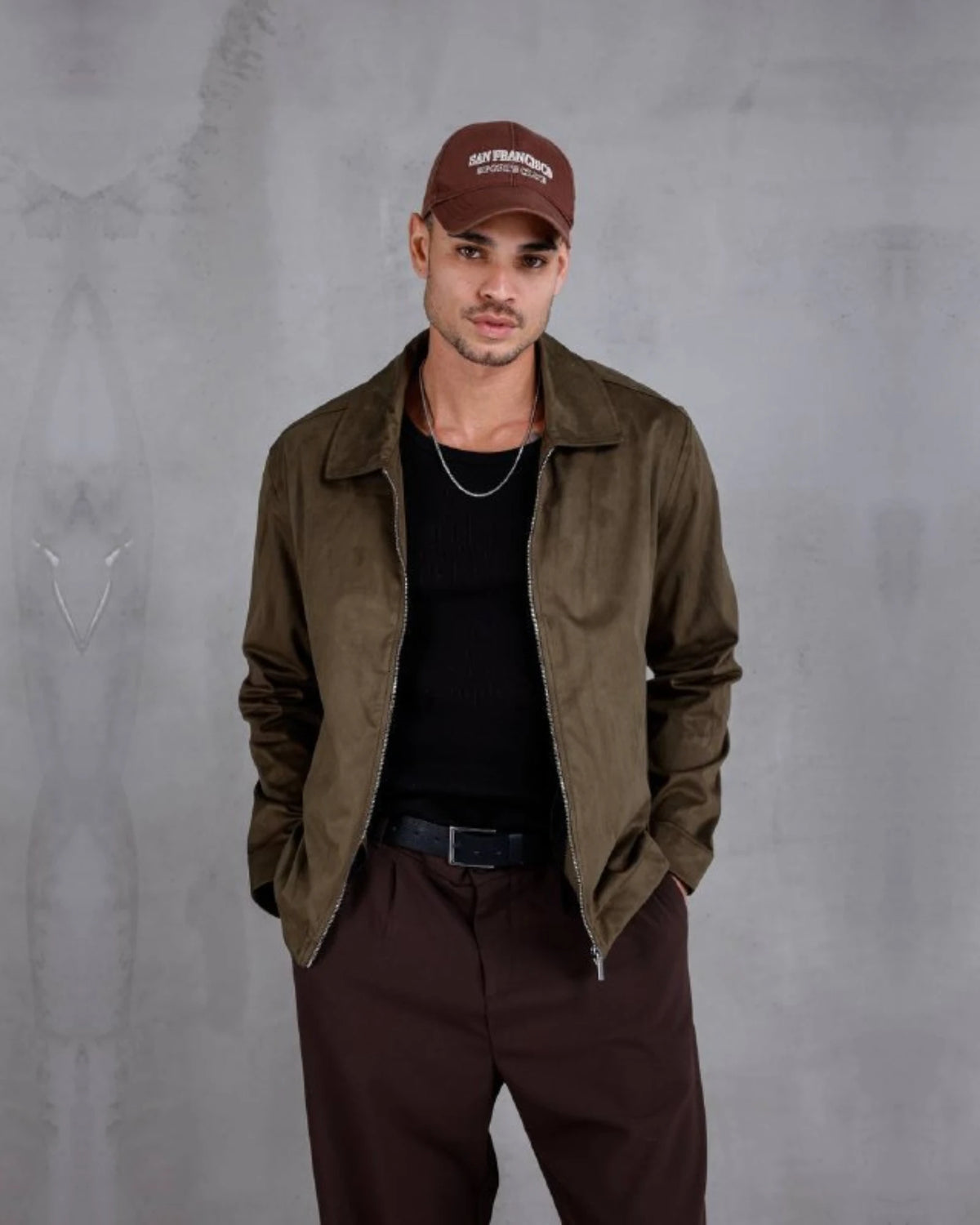 Faux Nubuck Shirt Collar Zip Jacket in khaki, photo 1