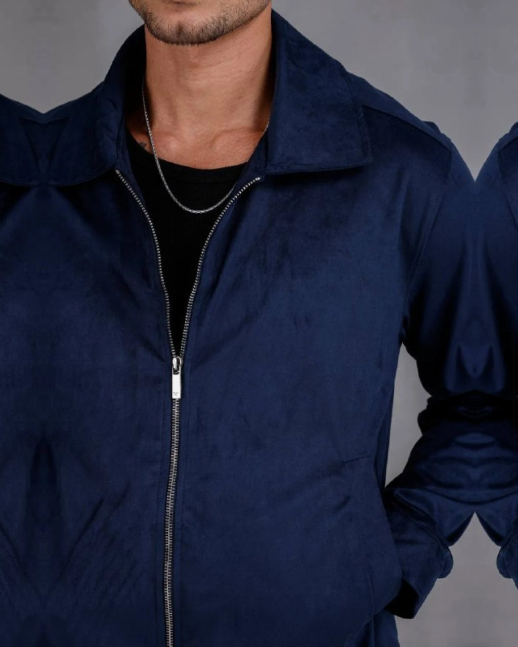 Faux Nubuck Shirt Collar Zip Jacket in navy, photo 1